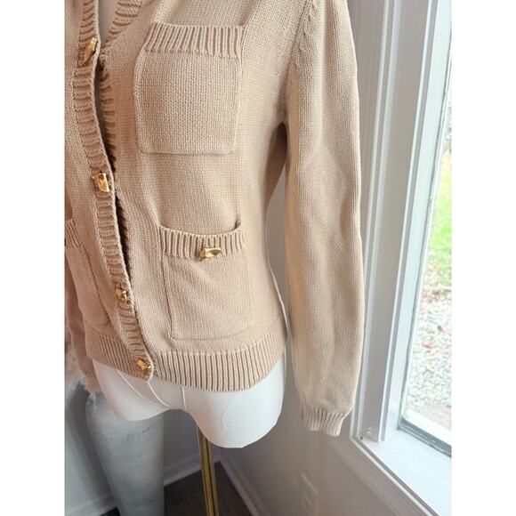 Zara Tan Cardigan Sweater Womens Small Patch Pocket Luxury Gold Button Up - Picture 5 of 8